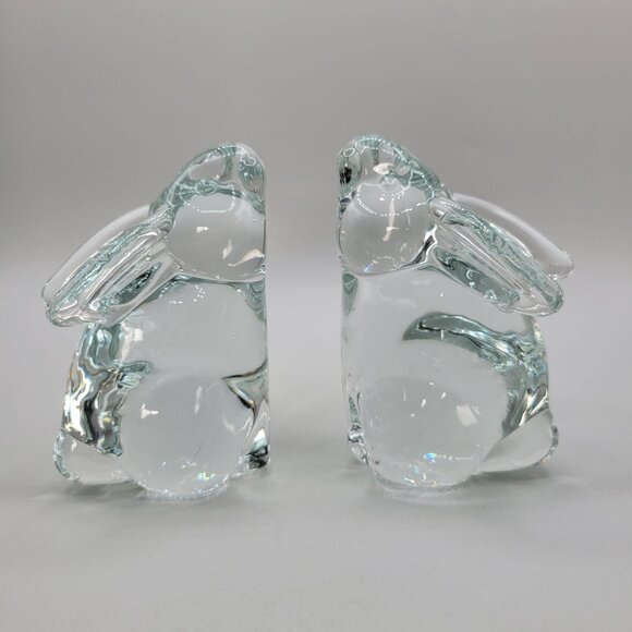 Vintage Heavy Clear Glass Rabbit Figurines Paperweights Bookends Set of 2 - Picture 2 of 8